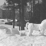 Snow sculpture of a horse-drawn sleigh done by Smith residents in 1946.