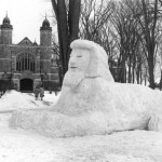 A snow sphinx silently guards the Chapel entrance; 1957.