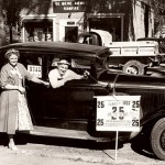 Then: (June) Celebrating 25 "hectic" years, members of the Class of 1932 pause for a Reunion photo in front of Ye Olde Hobby Shoppe, now Security and Campus Safety headquarters.  Photographer unknown, 1957, gelatin silver print, the Edmund S. Muskie Archives and Special Collections Library.