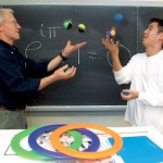 Now: (December) Professor of Mathematics David Haines, at left, juggles with Dominic Lee '04 during a Short Term class. "In learning math, as in juggling, it is important to accept our mistakes and start over again until we get it right," says Haines.