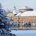 Now: (January) Shown with historic Hathorn's bell tower rising behind it, Pettengill Hall is the College's newest building, completed in 1999.  Photograph by Phyllis Graber Jensen.