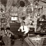 Then: (April) From the banjo and fiddle on the desk to the snowshoes on the wall, these students, like their counterparts before and since, have made their dorm room a canvas for self-expression.  Photographer unknown, circa 1907, gelatin silver print, the Edmund S. Muskie Archives and Special Collections Library.