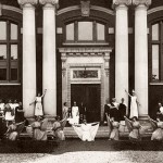 In an image from around 1915, the theatrical facade of Coram Library makes a suitable setting for a performance of a classical drama. Photographer unknown, gelatin silver print, the Edmund S. Muskie Archives and Special Collections Library.