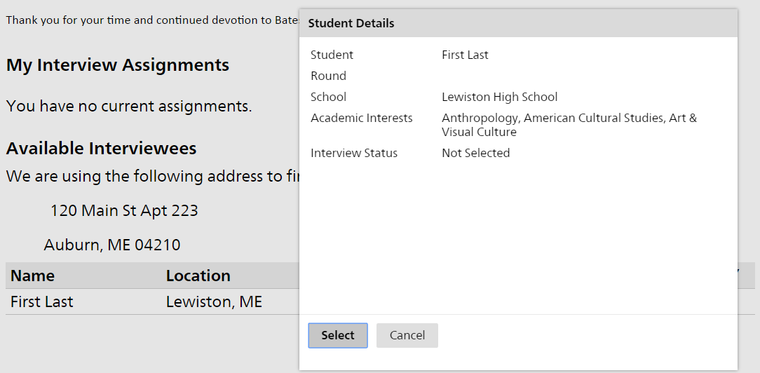 interview process alumni in admission bates college interview request