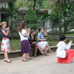 Watching martial art practice at Tran Vu Temple's court yard, Hanoi.