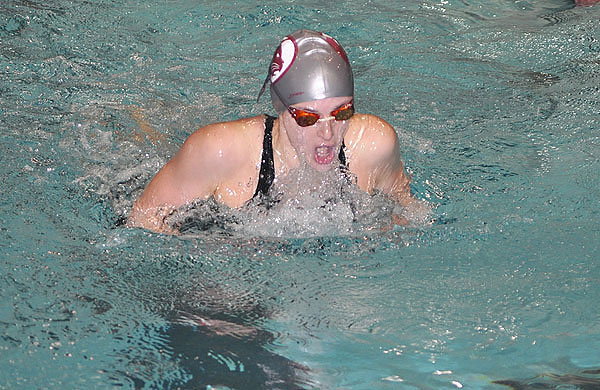 Kara Leasure '12 concluded her remarkably versatile swimming career at Bates by competing in the 200-yard breaststroke race on Saturday at the NCAA Division III Championships in Indianapolis. (File photo courtesy of Wesleyan Sports Information)