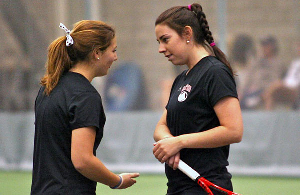 72WDoubles_553620 Elena Mandzhukova '15 (left) and Meg Anderson '12 (right) were interviewed in a recent news segment about Bates tennis players headed for the NCAA Championships. (Bates Tennis Blog photo)