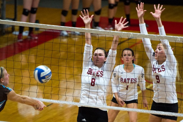 Miranda Shapiro (8) passed out 23 assists and Eliza Pyne (9) had a team-high eight kills in a loss at Connecticut College on Friday night. File photo by Mike Bradley / Bates College.