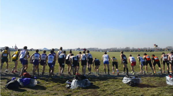 A screen capture from "In the Running," a video about the Bates men's cross country team's preparations and performance in the NCAA Division III Championships.