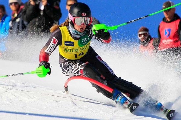 Avril Dunleavy '15 placed sixth overall and third among juniors in the women's slalom at the U.S. Alpine Championships in Squaw Valley, Calif., on March 24, 2013. Photo by Harry Caston.