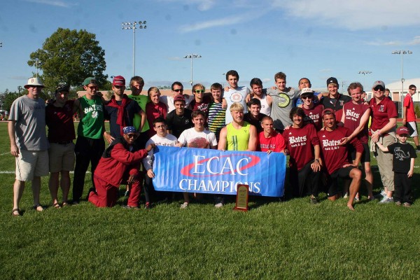 The Bates men's track and field team, shown celebrating its third consecutive ECAC outdoor championship on May 17, tied for fourth place in the USTFCCA's Program of the Year standings, based on combined NCAA finishes in cross country and indoor and outdoor track and field. Photo courtesy of Springfield College Sports Information.
