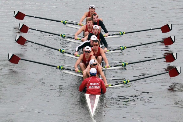 Three members of Bates' first varsity eight -- Peter Haley, Matt Johns and Andre Gobbo -- were named to the All-NESCAC Men's Rowing Team on May 16, 2013. File photo by Mason Cox '07.