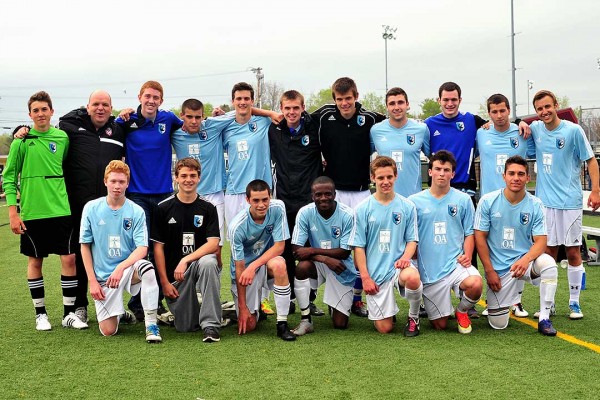 Bates head men's soccer coach Stewart Flaherty (back row, second from left) and the MCU Portland Phoenix U17 team he coached to the State Cup championship on May 11, 2013. Photo by Andrew Mader.