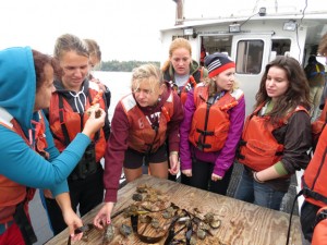 Students in Visiting Assistant Professor Josh Lord's Bio 211, Invertebrate Zoology examine the spoils of a bottom dredge haul in the Gulf of Maine.