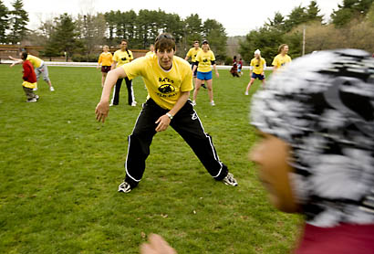 Above: Jon Blanchard '08, of Tewksbury, Mass., a captain of the Bates men's rowing team, channels his inner Frankenstein during the first annual Bates Field Day. The afternoon of games led by Bates student-athletes attracted about 200 local children to campus.