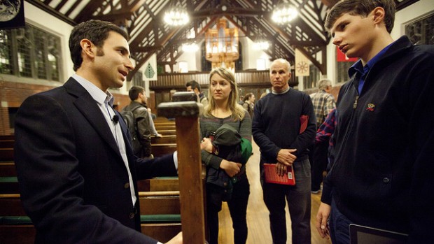Andrews lecturer Scott Belsky, left, speaks with audience members after his talk, including, Alexey Bobko '13, of Minsk, Belarus.