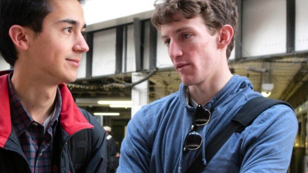 Ian Mahmud '12 and Colin Etnire '12, ranked among the top U.S. debate teams, chat during their November debate trip to Cambridge.