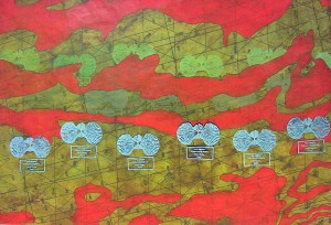 "Untitled Nautical Maps" (2012) by Liane Fitzgerald '12. Screen print and acrylic on found map.