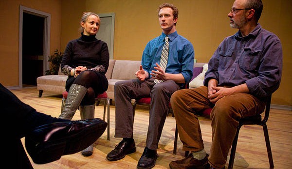Flanked by Senior Lecturer in Theater Kati Vecsey and theatrical technical director Michael Reidy, Travis Jones '13 discusses his work as a set designer during the Mount David Summit. Photograph by Rene Minnis.