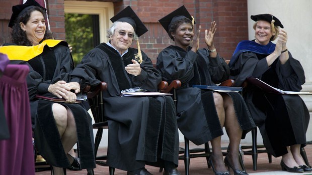 From left, Bonnie Bassler, Robert De Niro, Gwen Ifill and interim Bates College President Nancy Cable watch the proceedings at the 146th Commencement. Photograph by Phyllis Graber Jensen/Bates College.