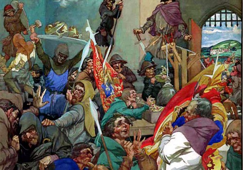 This depiction by illustrator Alfred Garth Jones (1872–1955) of the Peasants Revolt features a male mob, but Associate Professor of English Sylvia Federico's research proves that women stormed the castle, too.