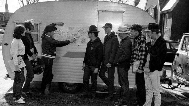 Circa 1969, Professor of Geology Roy Farnsworth points to the route that he and his students throughout the Northeast, Canada and Michigan during his Short Term course, Field Geology. Photograph courtesy of the Muskie Archives and Special Collections Library.
