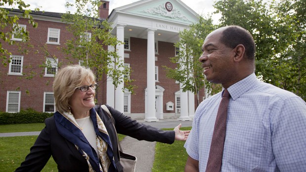 Bates President Clayton Spencer and James Reese, associate dean of students, shared a moment of deja vu Monday morning, July 2, as the eighth president of the college began her first week in office. The two were high school classmates.
