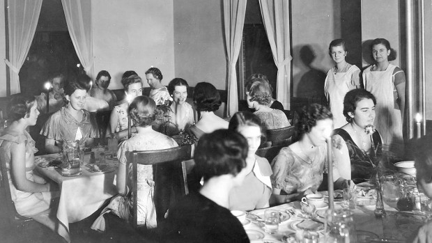 The women's dining room in Rand Hall, circa 1920. The archives helps faculty and students investigate how Bates' inclusive history has played out over time. Photograph courtesy of the Muskie Archives and Special Collections Library.