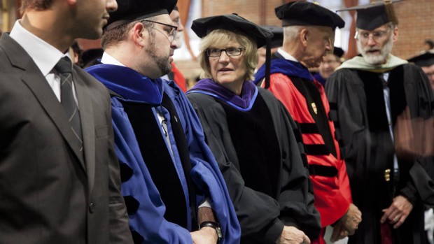 From left, Convocation speakers Umar Khan '13, professor Stephen Engel and Bates President Clayton Spencer chat prior to Convocation 2012. Also shown are professors Sawyer Sylvester and Thomas Tracy. Photograph by Phyllis Graber Jensen/Bates College.