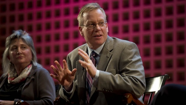 William Carlezon '86, professor of psychiatry at Harvard University, speaks during the "Engaged Liberal Arts" panel discussion at Olin Arts Center Concert Hall on Oct. 26. At left is Bates English department chair Lillian Nayder. Photograph by Michael Bradley/Bates College.