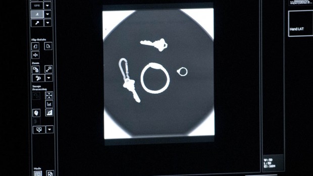St. Mary's radiology manager Donna Knightly shot this X-ray of a few items worn or carried by the Bates students. Photograph by Michael Bradley/Bates College.