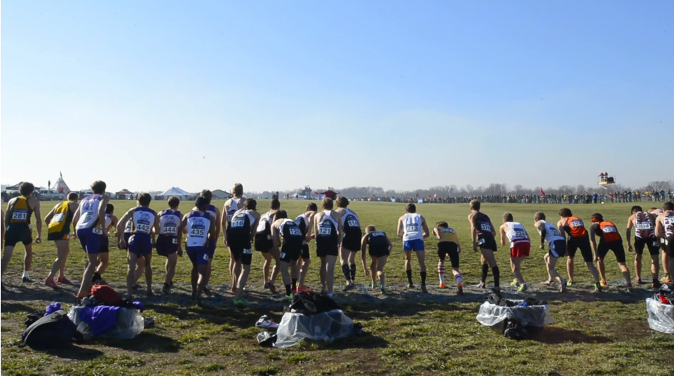 A screen capture from "In the Running," a video about the Bates men's cross country team's preparations and performance in the NCAA Division III Championships.