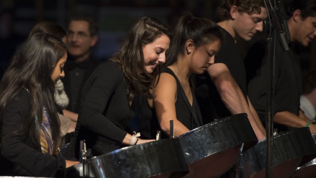 The Steel Pan Orchestra performs at the inauguration of President Clayton Spencer.