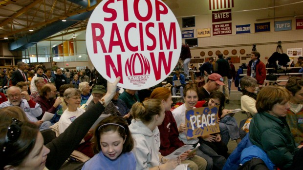 The Many and One rally in Merrill Gym on Jan. 11, 2003, sent a strong, unified message far and wide. Photograph by Phyllis Graber Jensen/Bates College.
