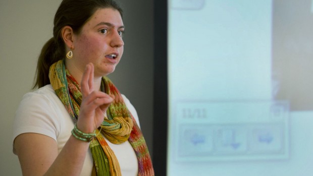 Kate Paladin '15 speaks about her experience as Otis Fellow during an EnviroLunch in New Commons on Jan. 17, 2013. Photograph by Mike Bradley/Bates College.