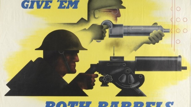 This World War II propaganda poster produced by the U.S. was the Dec. 8, 2012, entry on the Cooper-Hewitt blog Object of the Day. The poster's color choice, Matthew Kennedy explains sacrifices "traditionally patriotic reds and blues in favor of a more arresting hue, intended to bolster emotion." Poster: Give ‘Em Both Barrels. Designed by Jean Carlu, printed by the U.S. Government Printing Office, 1941. 1980-32-1201.