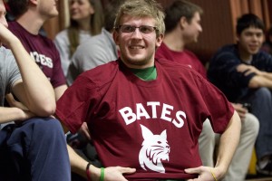 Bates student Tim Campbell sports his new Bobcat T-shirt at Satuday's Bates-Tufts men's basketball game. The new Bobcat was revealed at halftime of the game. Photo by Phyllis Graber Jensen/Bates College.