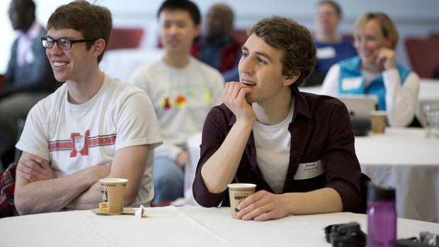 First-years XX XX and XX XX react to panelists at Beyond Intellectual Profit, a symposium on navigating diversity in the workplace. Photograph by Phyllis Graber Jensen/Bates College.
