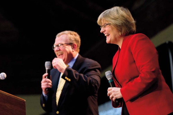 With trustee chair Mike Bonney ’80, the president-elect takes audience questions after the presidential announcement. Photograph by Phyllis Graber Jensen/Bates College.
