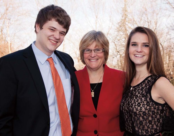 On announcement day, a proud mom with her proud children, Will and Ava Carter. Photograph by Phyllis Graber Jensen/Bates College.