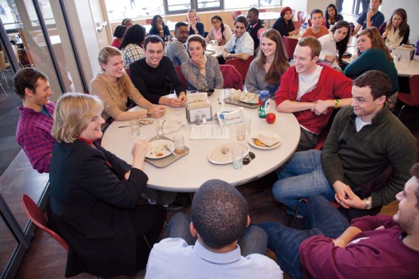 Spencer dines with student leaders in New Commons as she meets and greets on campus after the announcement of her election on Dec. 4. Photograph by Phyllis Graber Jensen/Bates College.