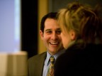 Jonathan Adler '00, seen here talking with Kati Vecsey of the theater department during his lecture at Bates in 2008.