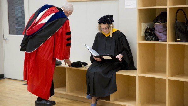 Professor of Sociology Sawyer Sylvester (left) and retiring Dean of the Faculty Pam Baker '69 just prior to Commencement. Photograph by Phyllis Graber Jensen/Bates College.