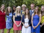 With the exception of Hakimah Abdul-Fattah and Cameron Sheldon, who were abroad, the 2013 Fulbright grant recipients attended a May 13 reception at the home of Bates President Clayton Spencer. From left: Catherine Tuttle, Libby Egan, Tara Prasad, Marisa Mohrer, Spencer, Valerie Jarvis, Hansen Johnson, Nora Flanagan, Taryn O'Connell. Photograph by Phyllis Graber Jensen/Bates College.