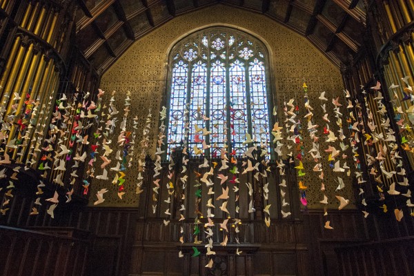 Decorations in the Peter J. Gomes Chapel at Troy Pappas'16's memorial service. Photograph by Phyllis Greber Jensen/Bates College