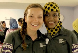 Megan Lubetkin '16, at left, with a student from Winooski, Vt., who took part in the afterschool Food and Farm Program at The Farm at VYCC. (Courtesy of the Vermont Youth Conservation Corps)