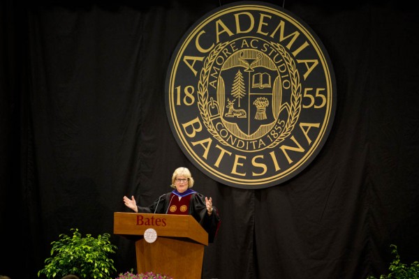 Bates President Clayton Spencer delivers her 2013 Convocation address in Alumni Gymnasium. (Michael Bradley/Bates College)