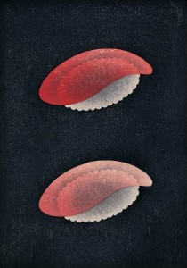 "Red and Fatty Tunas," a woodcut by Shoji Miyamoto on view in the exhibition "Redefining the Multiple."
