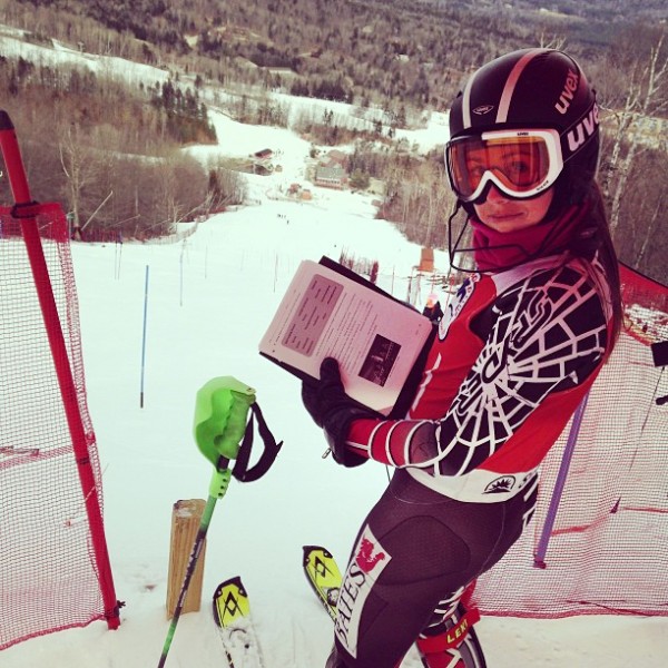The Judges' Choice photograph by Avril Dunleavy '15 features fellow alpine racer Kathleen Fitzgerald '15 posing between runs during pre-season meet at Sunday River.