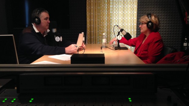 President Clayton Spencer speaks with Steve Woods of TideSmart Talk in the studio. Photo courtesy of TideSmart Radio.